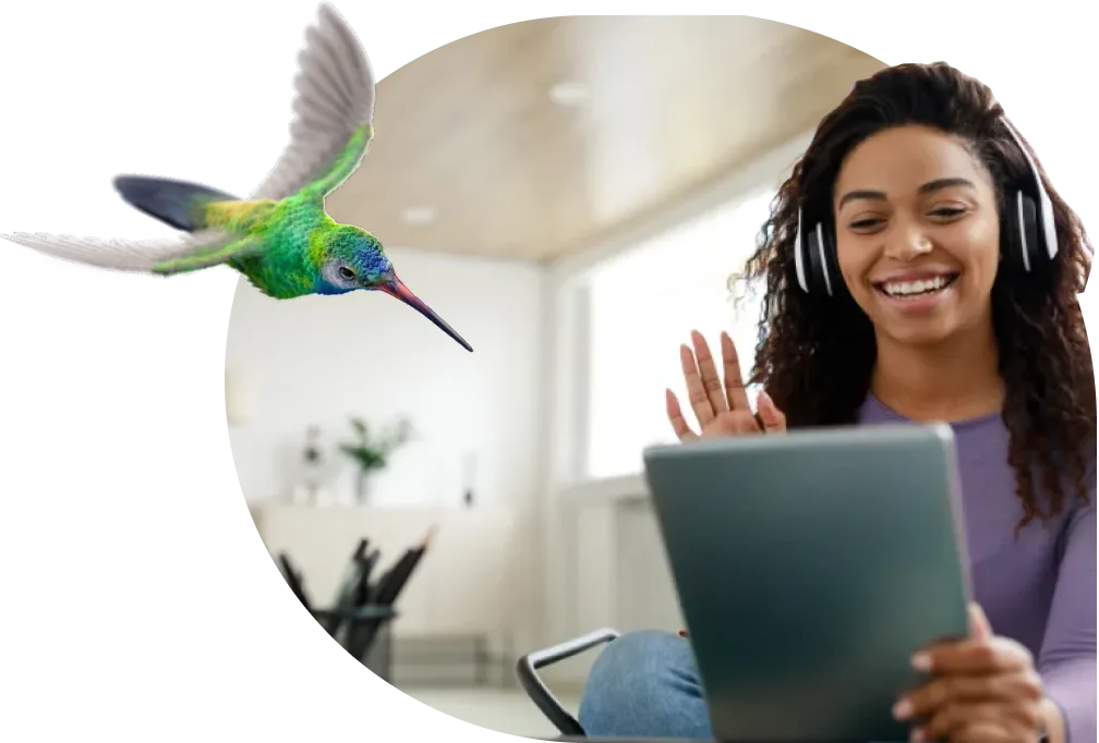 An image showing a woman surfing the internet using her tablet with a hummingbird peeking at the left side.