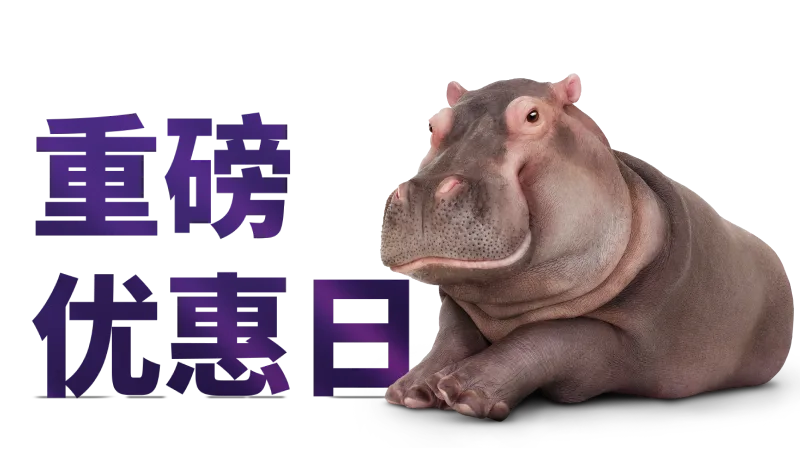 一隻河马躺在“重磅优惠日”字样旁。