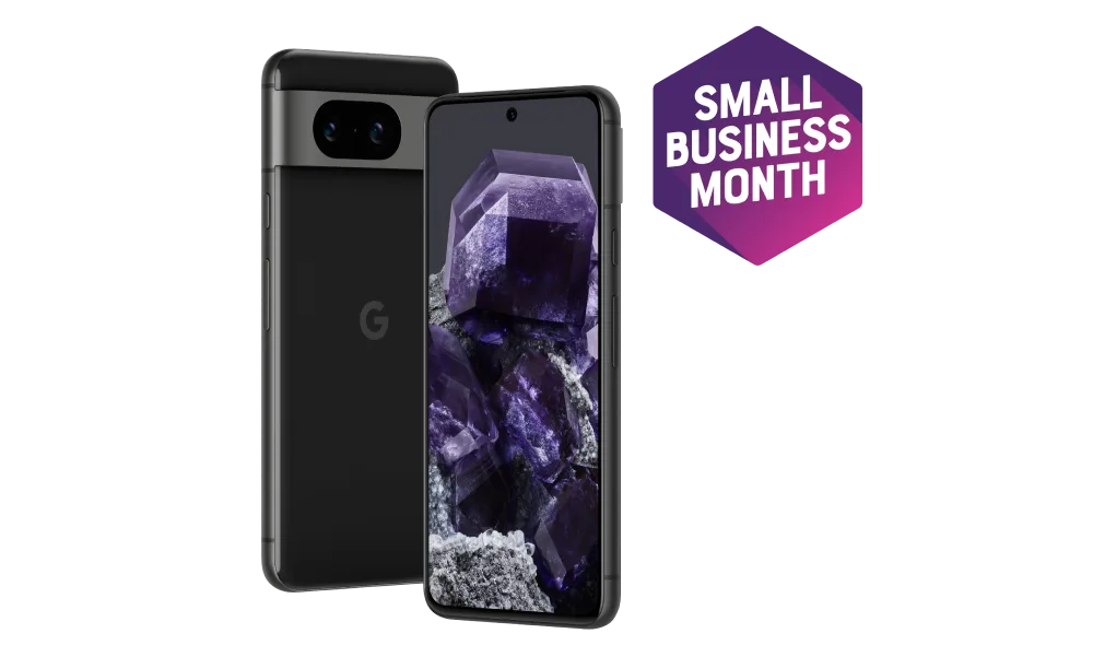 Front and back view of the Pixel 8 in Black. A roundel reads "Small Business Month".