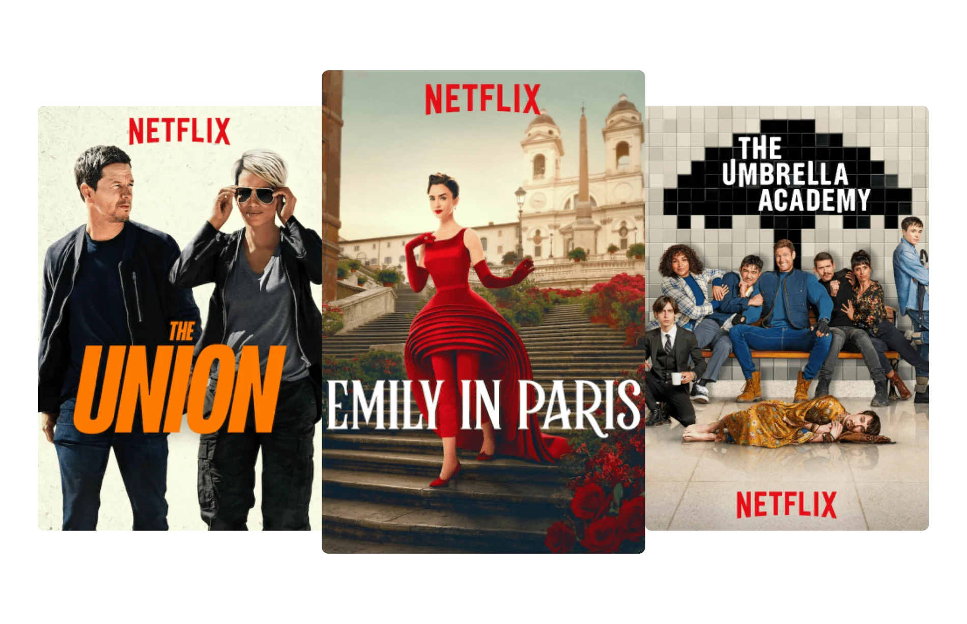 An image showing three Netflix series posters: The Union, Emily in Paris and The Umbrella Academy.