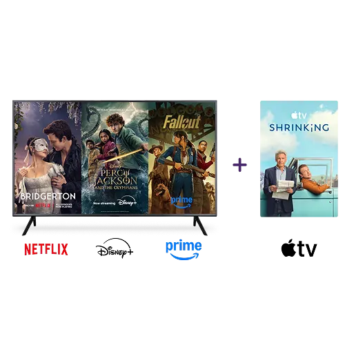 A TV and poster with the Netflix, Disney+, Prime and Apple TV logos below. The screens display the posters for Bridgerton, Percy Jackson, Fallout and Shrinking.