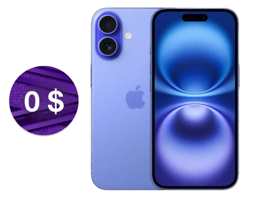 Vue de face et de dos de l'iPhone 16 en Ultramarine. Un tampon à droite indique que l'iPhone 16 est à 0 $.