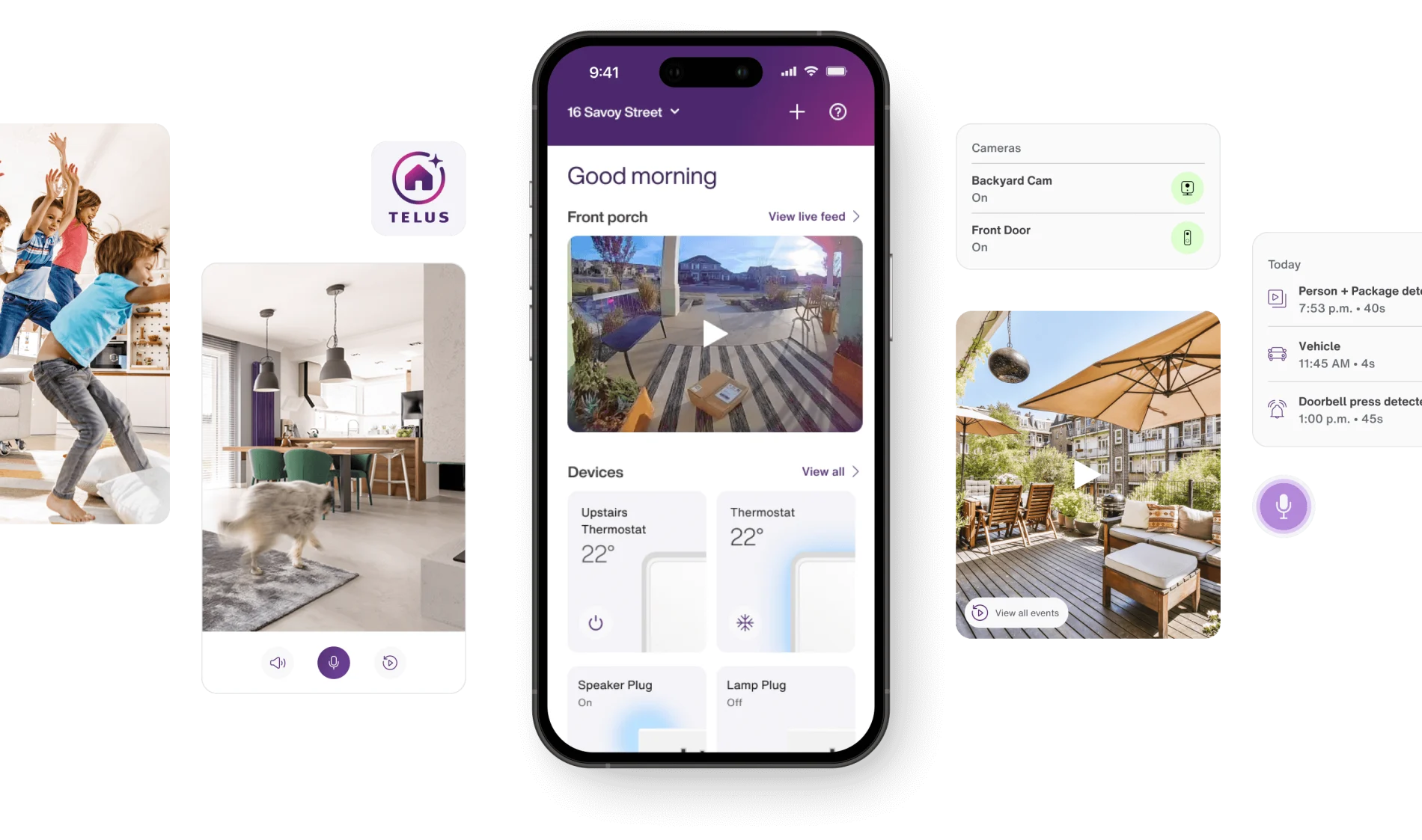 The TELUS SmartHome + app is surrounded by HomeView camera feeds from inside, outside and at the door along with summaries of active cameras and activity recorded from the day. 