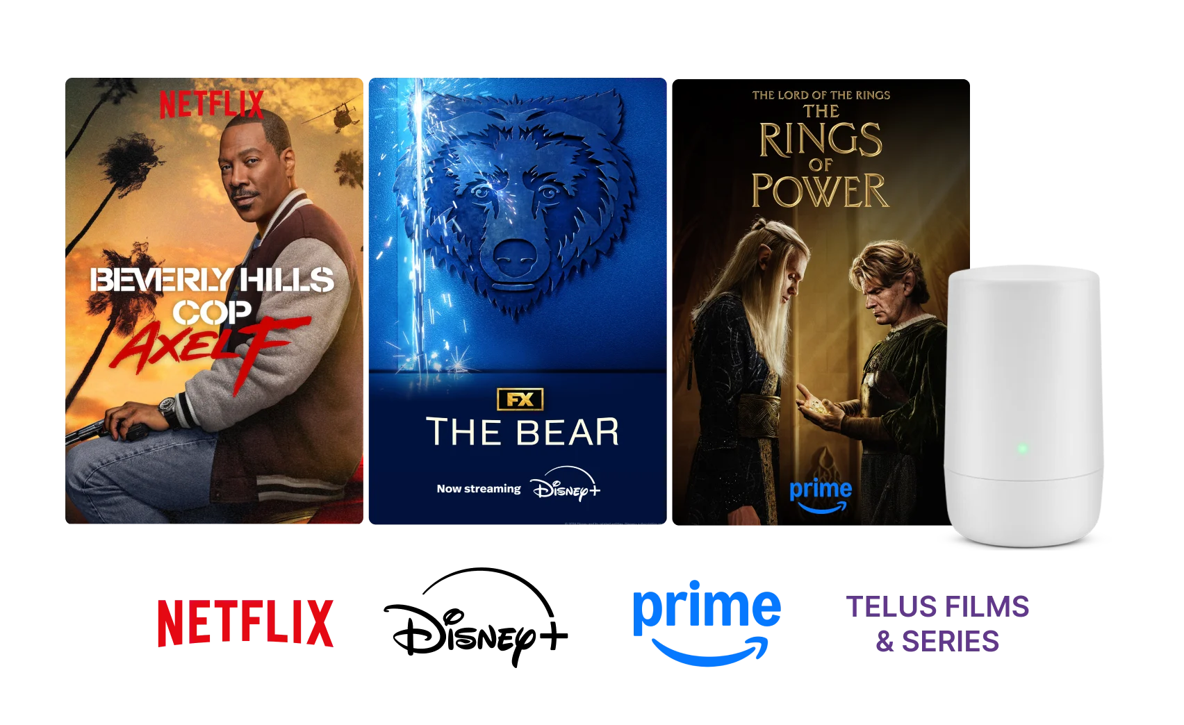 A TV screen showing posters for Beverly Hills Cop, The Bear and The Rings of Power alongside TELUS devices.