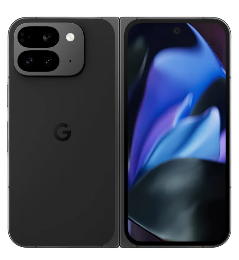 Front and back view of Pixel 9 Pro Fold in Obsidian.