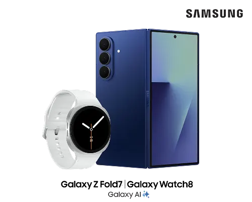 Un Samsung Galaxy Z Fold7 bleu à côté d'une montre Galaxy Watch8 blanche.