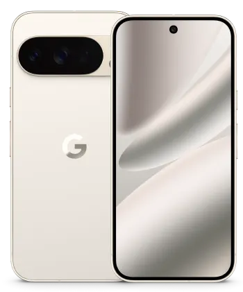 Front and back view of Pixel 10 Pro in Porcelain.