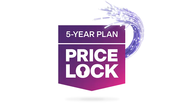 An image featuring the TELUS 5-year Internet rate plan price lock logo in a purple and pink gradient banner.