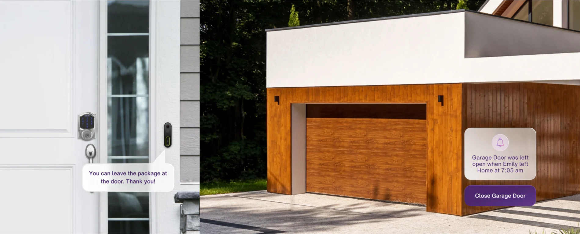 A garage door with a notification