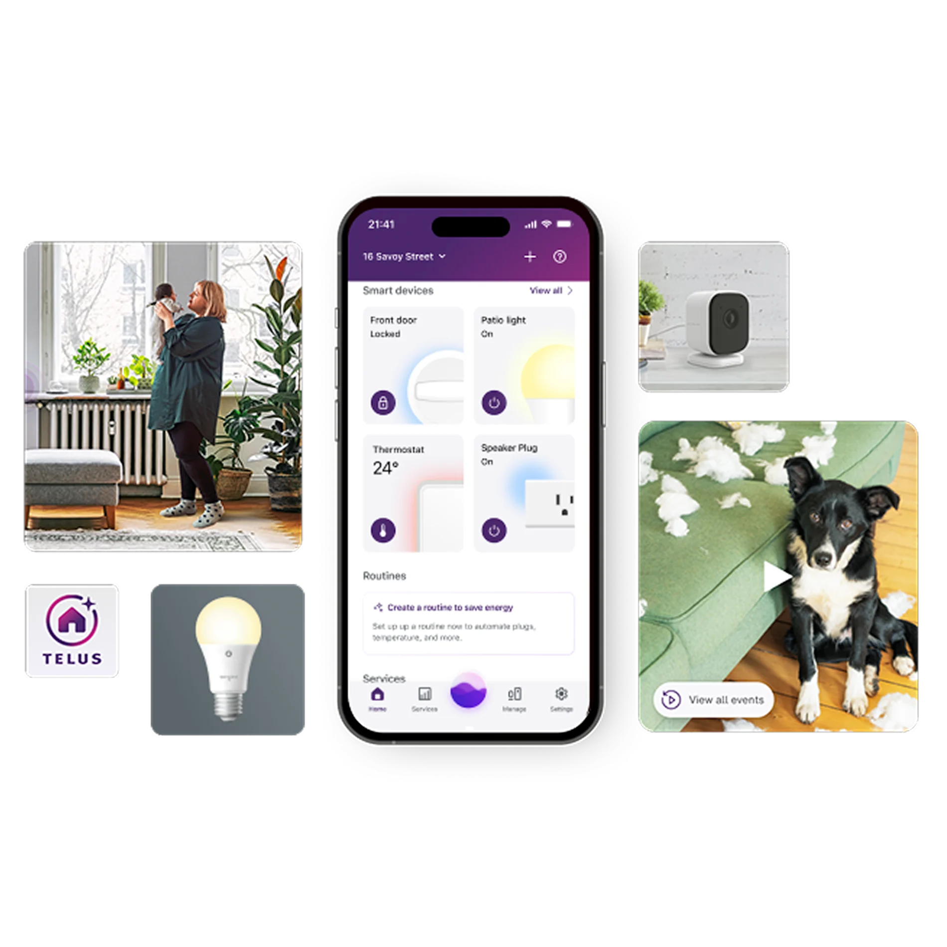 A Smartphone displaying SmartHome+ app surrounded by smart home features including security cameras, lighting controls, and live video feed of a mother with a baby.