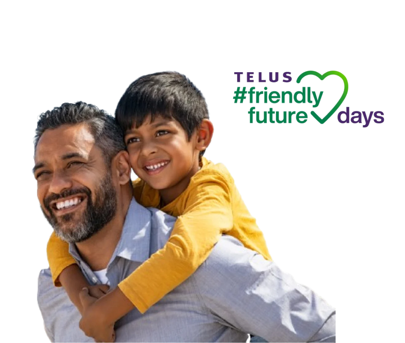 Smiling man gives a piggyback ride to a happy child in a yellow shirt. TELUS Friendly Future Days logo with green heart in top right corner.