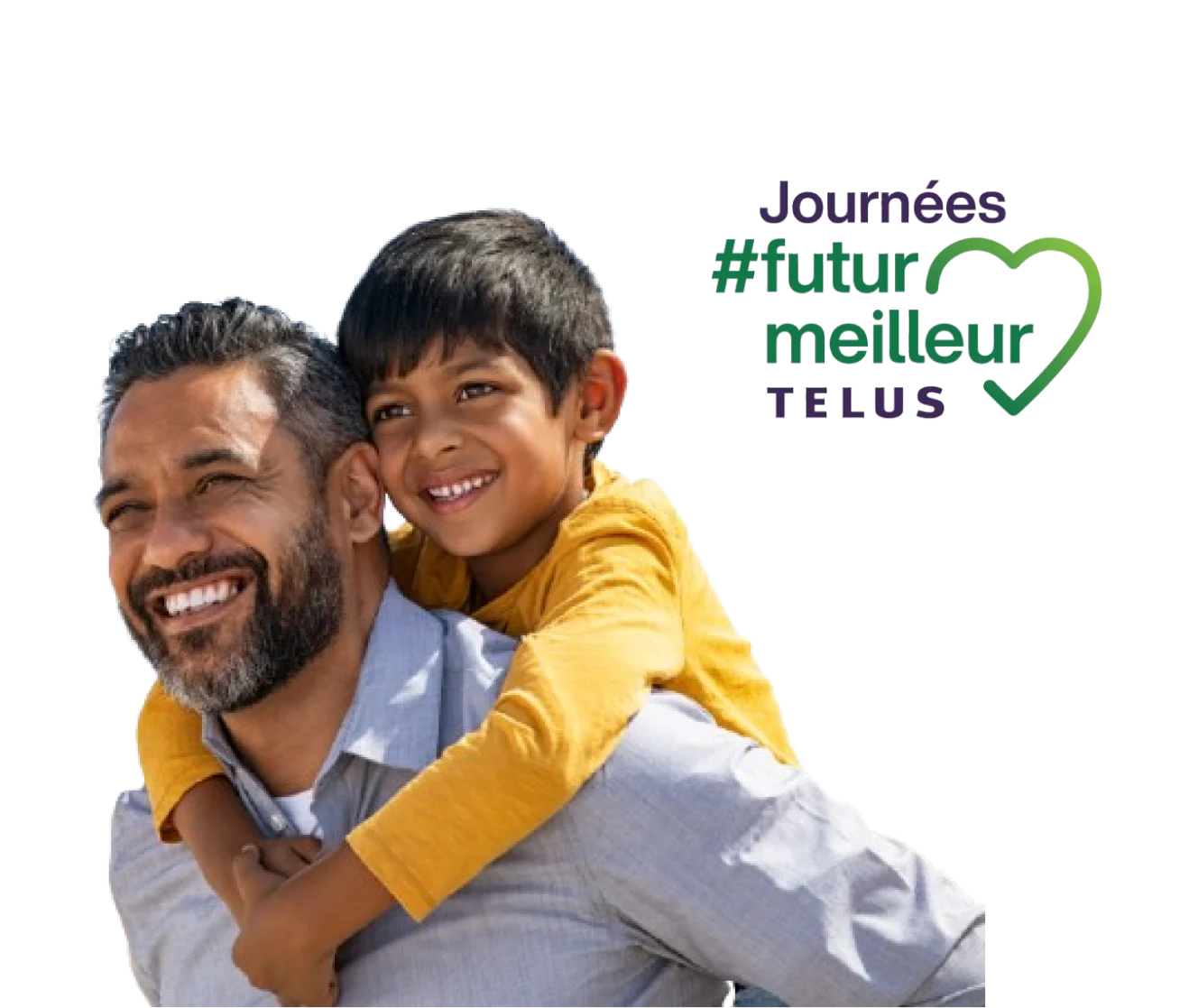 Un homme souriant porte son enfant sur le dos qui porte un haut jaune. Le logo des Journées TELUS pour un futur meilleur avec un cœur vert figure dans le coin supérieur droit.