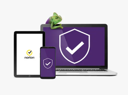 A laptop, tablet and mobile device display Online Security prevention screens and the Norton logo.