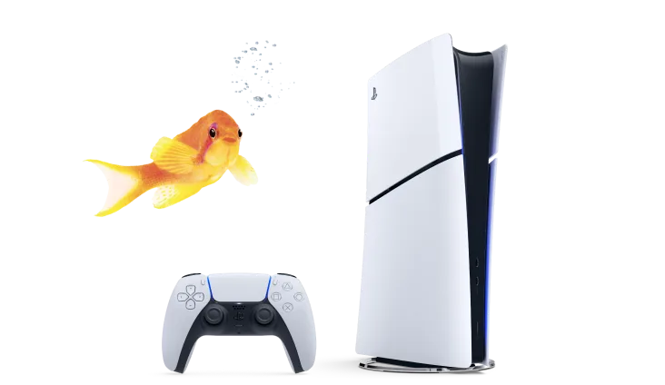 A PlayStation 5 game console and wireless controller. A yellow and orange coloured fish swims above the controller.
