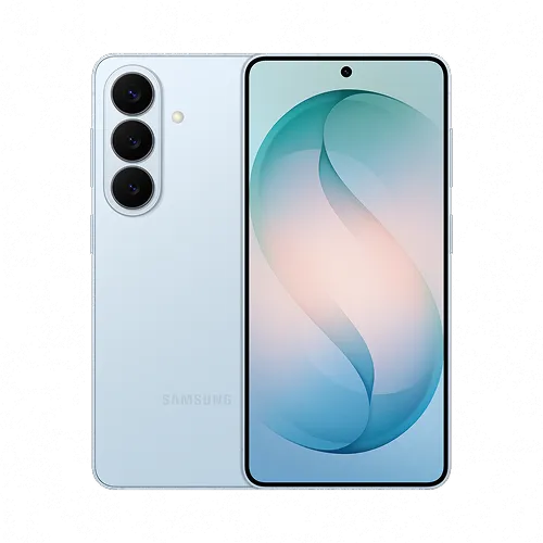 Front and back view of a Samsung Galaxy S26 in Sky Blue.