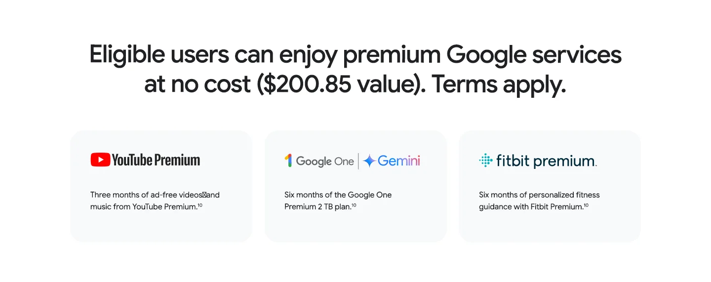 Pixel premium service bundle ($200.85 value): 3 months YouTube Premium for ad-free videos and music, 6 months Google One Premium 2TB plan with Gemini, and 6 months Fitbit Premium for personalized fitness guidance.