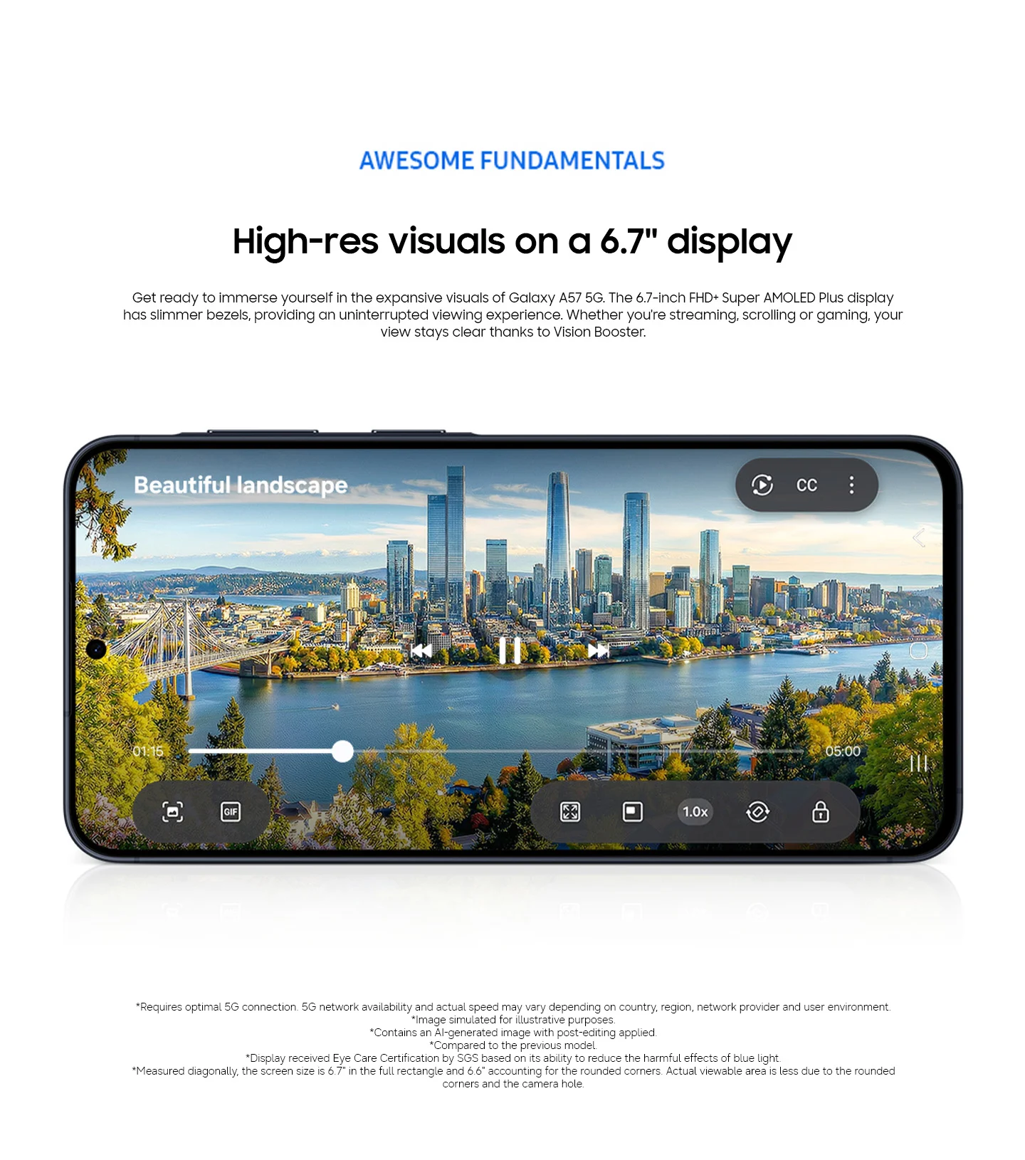 A phone showing a landscape video of a city skyline displays the high-res visuals on Galaxy A57 5G's 6.7 inch display.