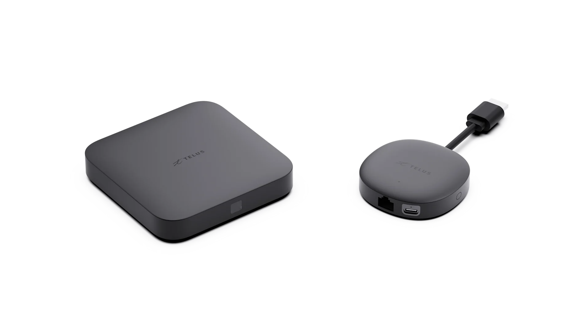Front view of the TELUS TV Digital Box, a compact black device used for streaming and TV services.