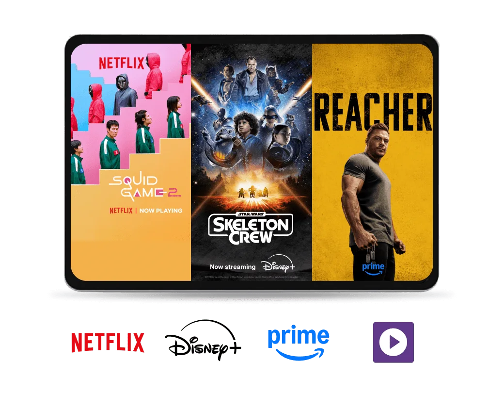 Tablet with posters for Beverly Hills Cop Axel F on Netflix, Inside Out 2 on Disney+, The Rings of Power on Prime.