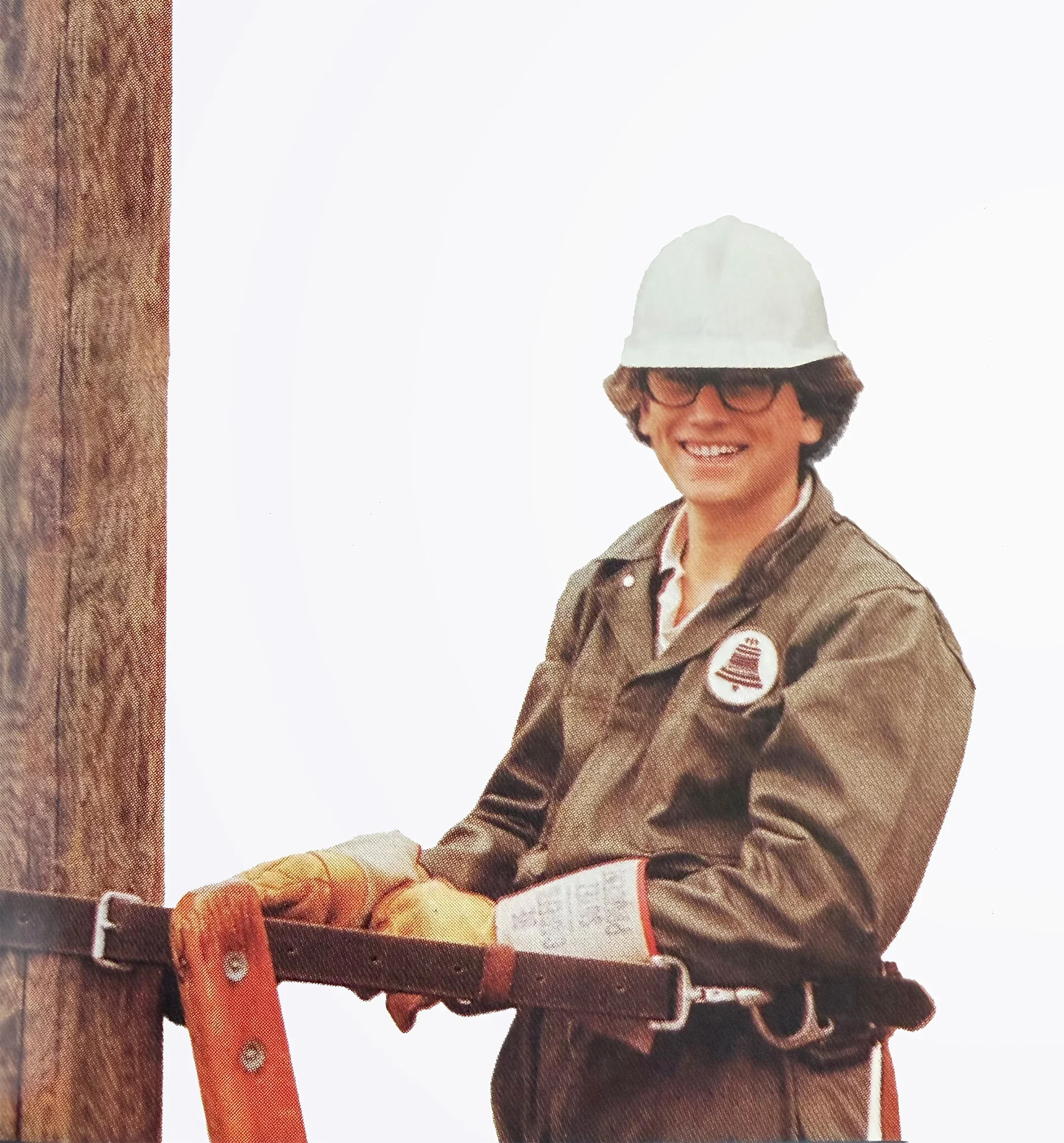 This photo shows Darren Entwistle in a safety harness strapped to a telephone pole. It was taken 48 years ago, while he worked doing installation and repairs in Montreal.