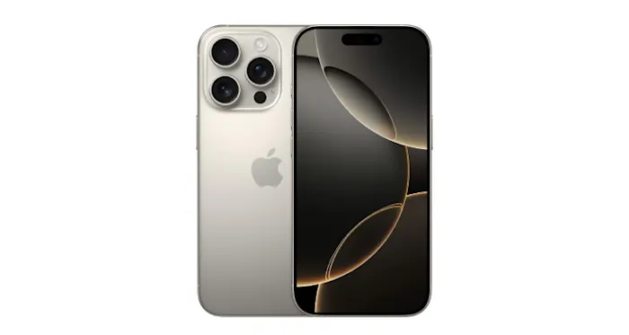 Front and back view of the iPhone 16 Pro in Natural Titanium.