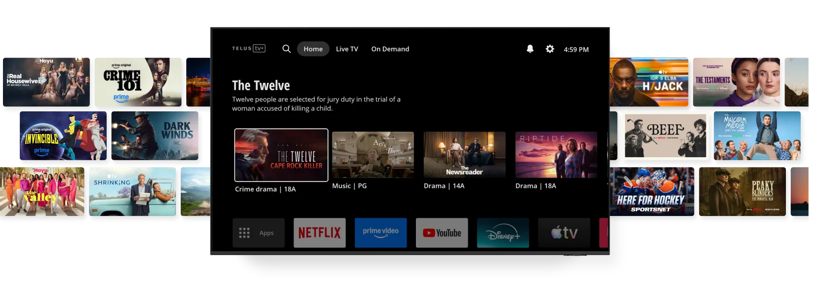 A screen displaying the TELUS TV+ app home menu. Surrounding the main screen, two screens show additional content including The Testaments, Crime 101, Invincible, Beef, Peaky Blinders, Daredevil, among others.