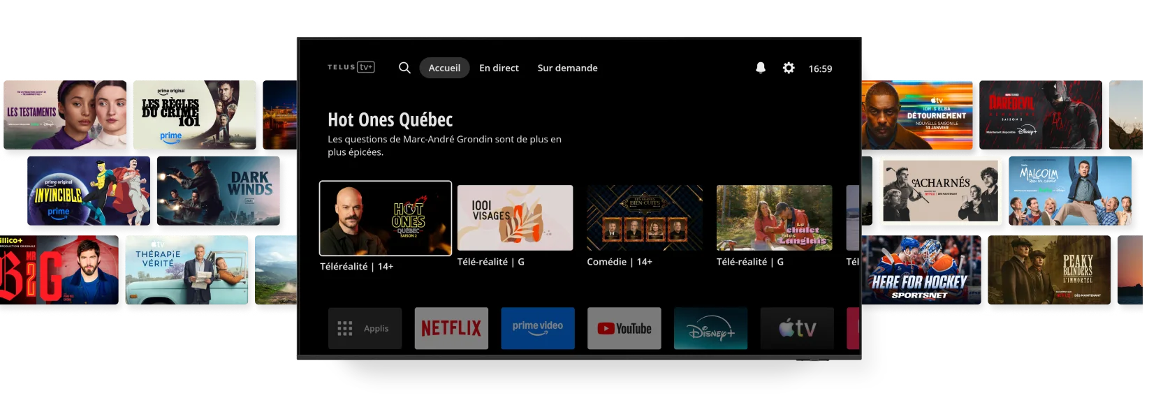 Un écran affiche le menu principal de l'application TELUS TV+. De part et d'autre de cet écran, deux images présentent du contenu additionnel, notamment Les Testaments, Crime 101, Invincible, Beef, Peaky Blinders et Daredevil.