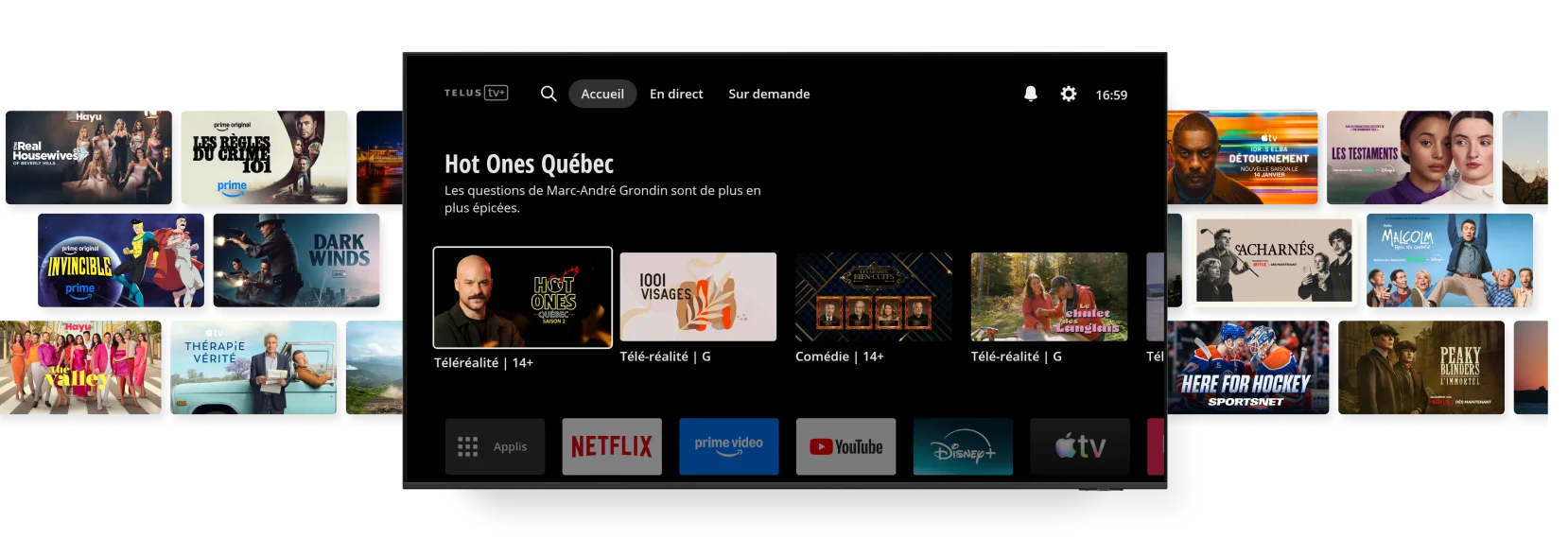 Un écran affiche le menu principal de l'application TELUS TV+. De part et d'autre de cet écran, deux images présentent du contenu additionnel, notamment Les Testaments, Crime 101, Invincible, Beef, Peaky Blinders et Daredevil.