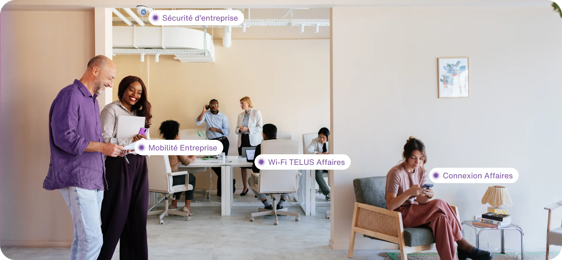 Un bureau avec différents groupes utilisant tous les produits TELUS au sein de l’entreprise