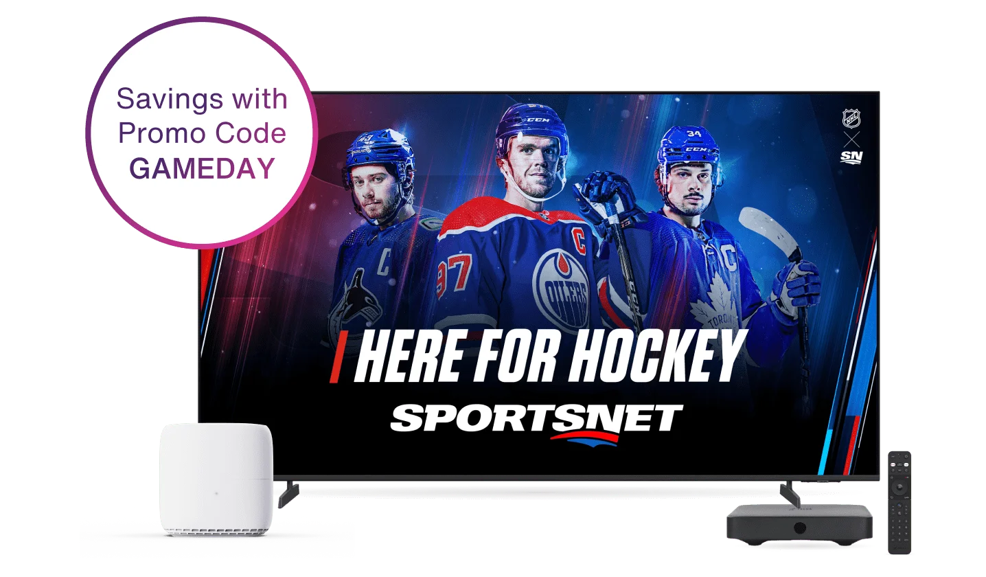 A TV, digital box and TELUS modem. The TV displays Here for Hockey on Sportsnet. A roundel on the left reads: Savings with Promo Code GAMEDAY.