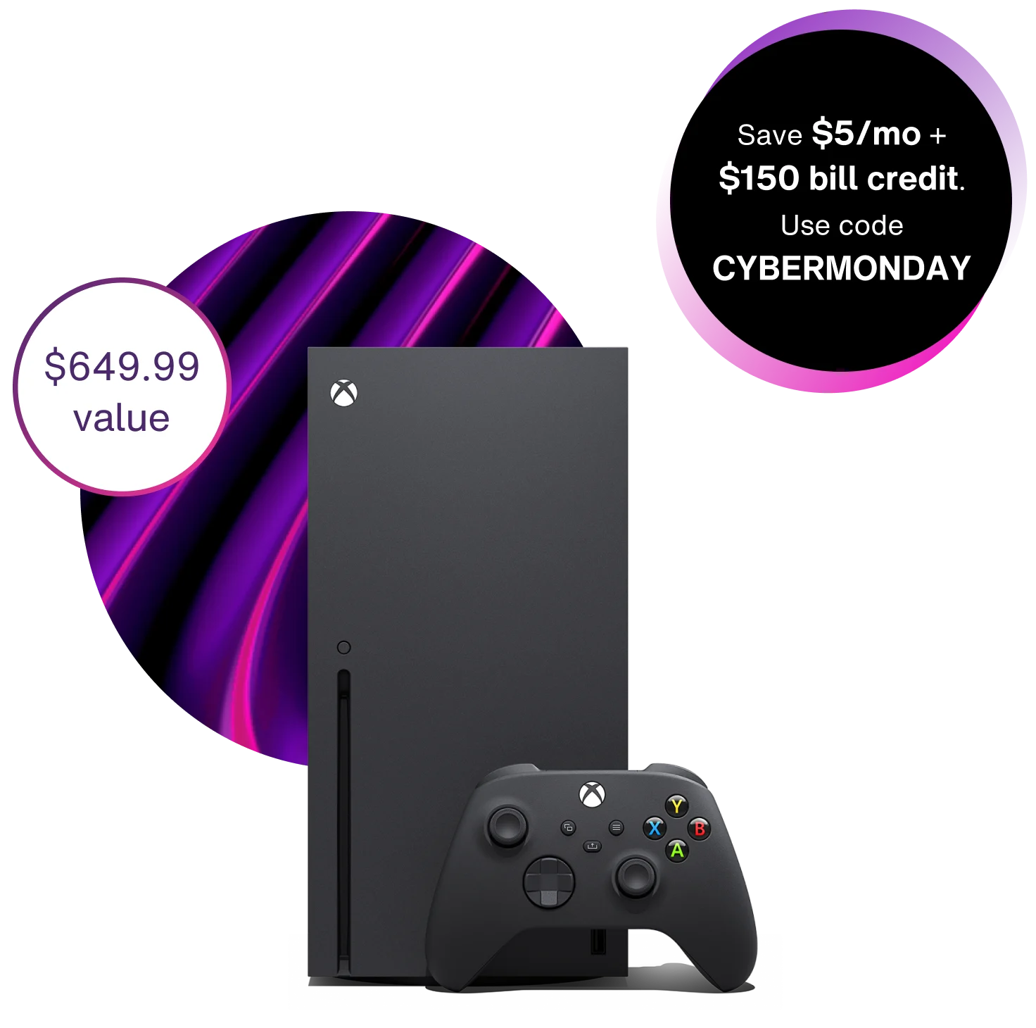 An XBOX series X and a game controller. Text reads: $649.99 value