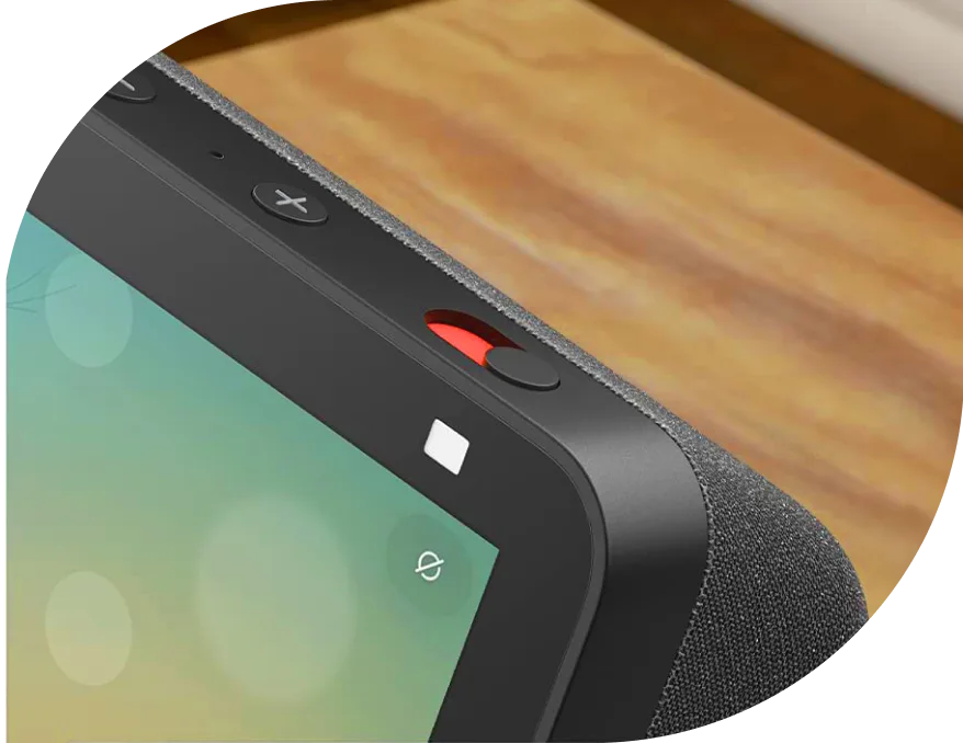 A close-up showing the camera off privacy lens shield switch.