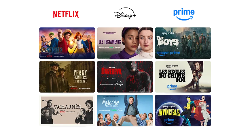 Une grille montrant le contenu de Netflix, Disney+ et Prime Video, y compris One Piece : Into the grand line, Les Testaments, Les Boys, entre autres.