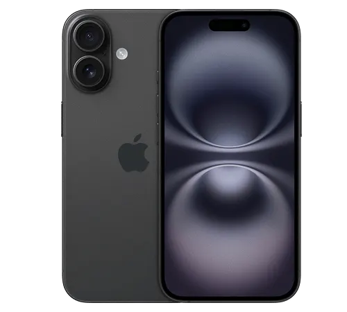 Front and back view of iPhone 16 in Black.