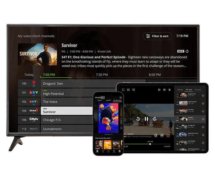 A large TV, tablet and smartphone with the TELUS TV app open, featuring popular content such as Despicable Me 4 and Survivor.