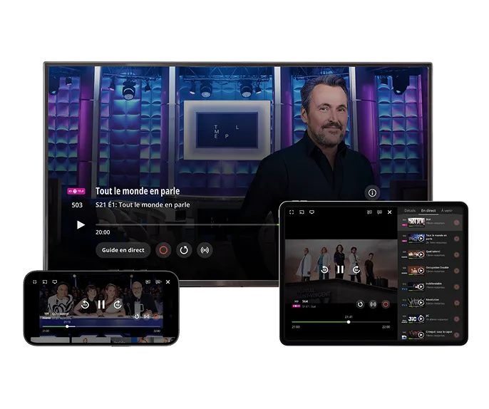 Exemples d'appareils compatibles avec l'application TELUS TV : téléphone, tablette, ordinateur.