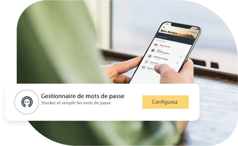 Une personne configure le Gestionnaire de mots de passe, avec un gros plan sur l’écran de l’application et un bouton Configurer.