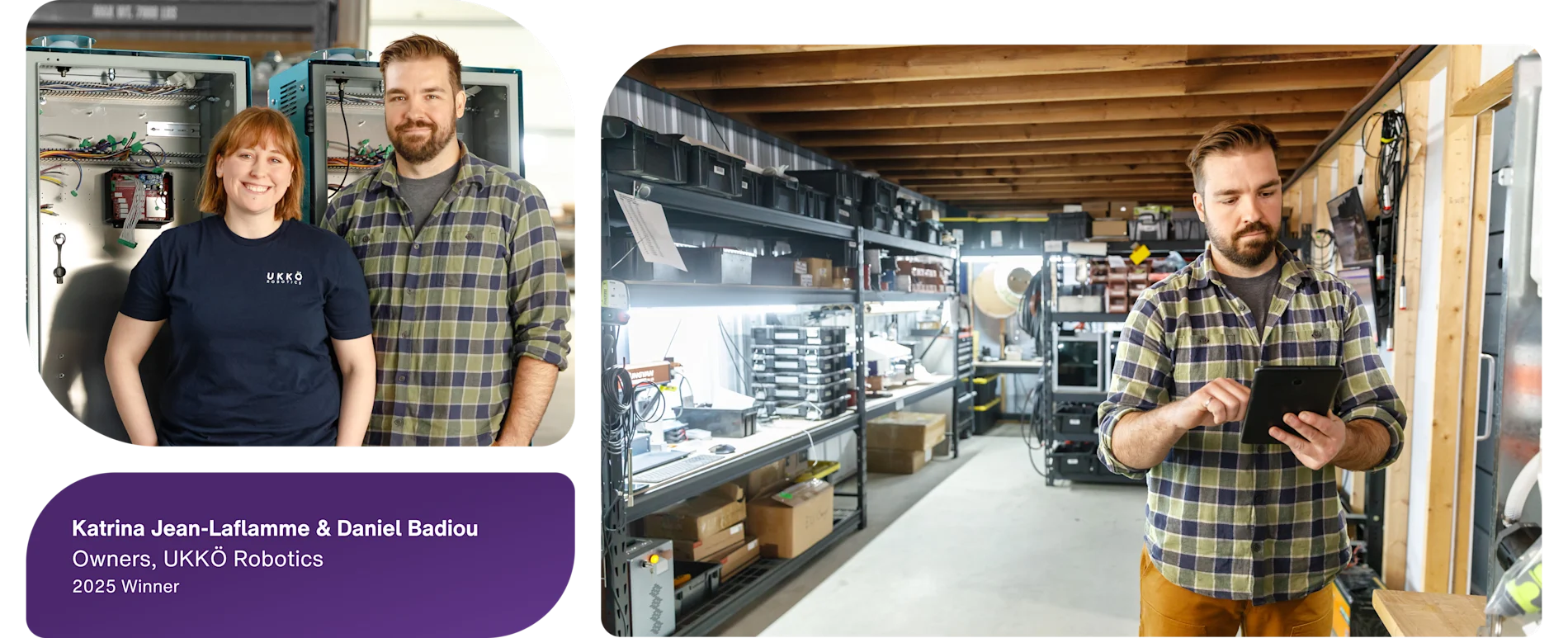 2025 winners Katrina Jean-Laflamme and Daniel Badiou of UKKÖ Robotics standing in front of industrial equipment.
