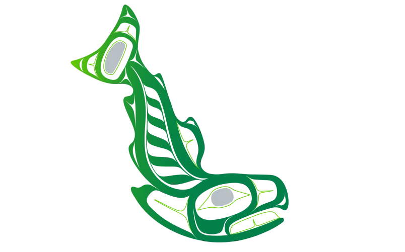 Œuvre d’art haïda représentant un saumon vert, gris et blanc, ou Chiina, qui symbolise la résilience et le renouveau