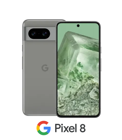Arrière et avant d’un Google Pixel 8 de couleur vert lichen, au-dessus du logo Google Pixel 8.