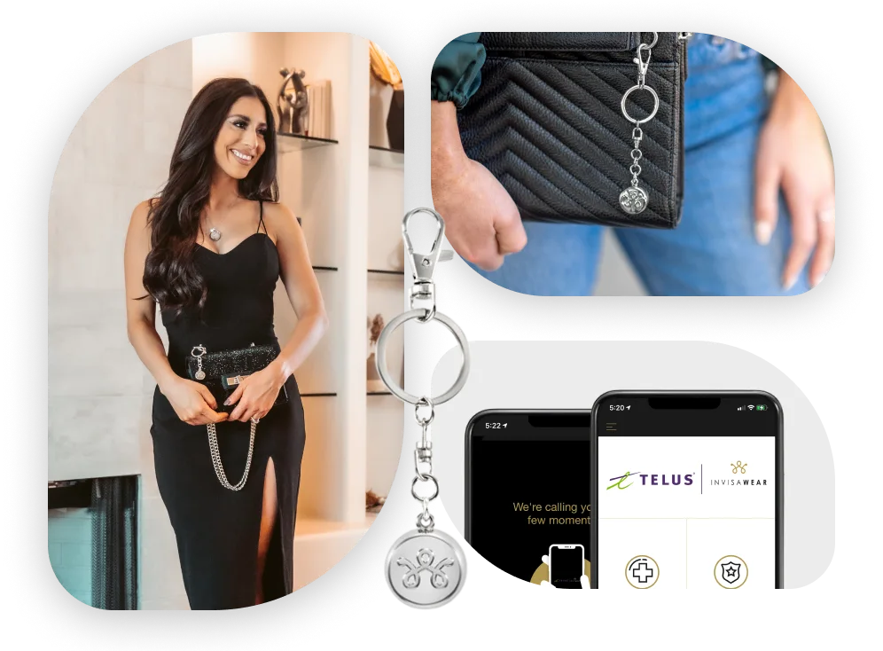 We see a collage of SmartWear Security personal safety devices, charms, bracelets, keychains, and necklaces on people studying and out running.