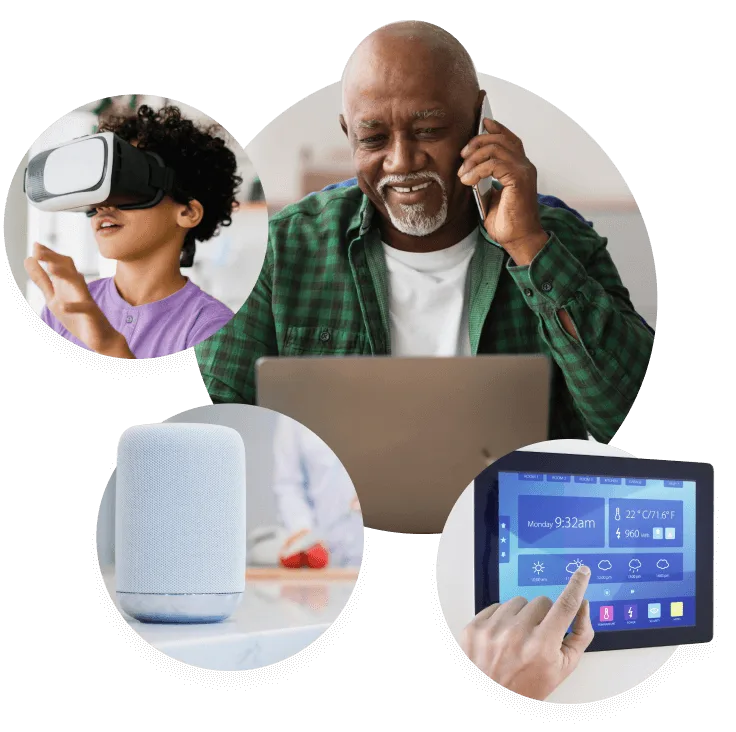 4 images: a child wears a virtual reality headset. A customer gets help from a homepro specialist over the phone. A smart speaker. A smarthome interface tablet