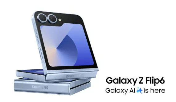 A folded view of the Samsung Galaxy Flip6 in Blue with the words “Galaxy AI is here”. 