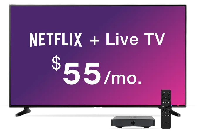 A TV, digital box and remote control. The TV displays the text “Netflix + Live TV from $55/mo.”.
