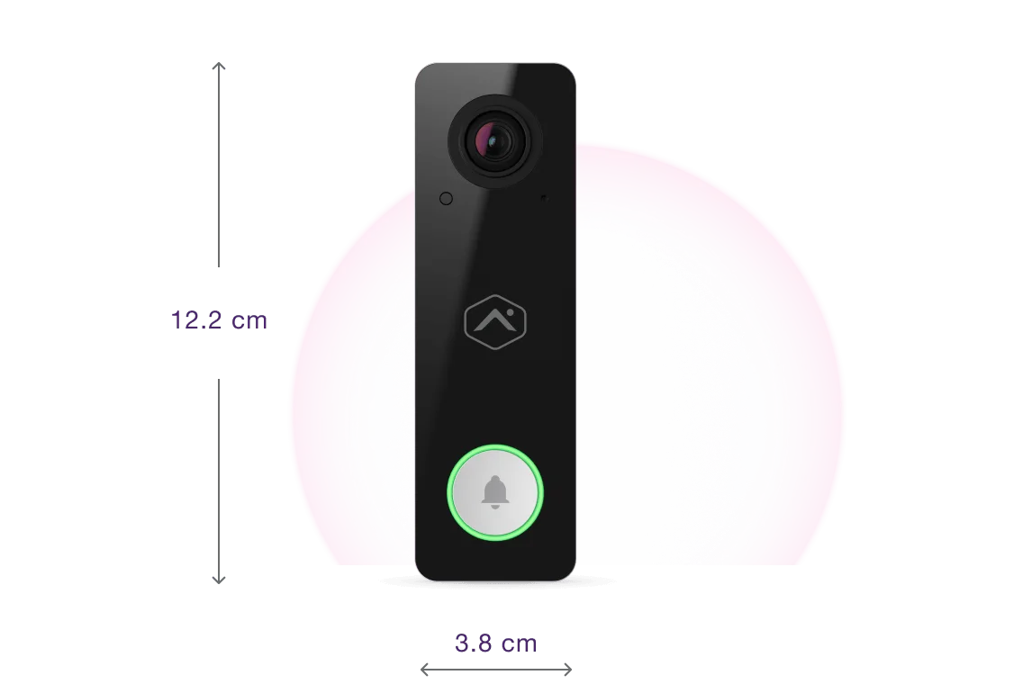 Close-up of doorbell camera, showing dimensions of 3.81 W x 12.192 L x 34.57 D cm