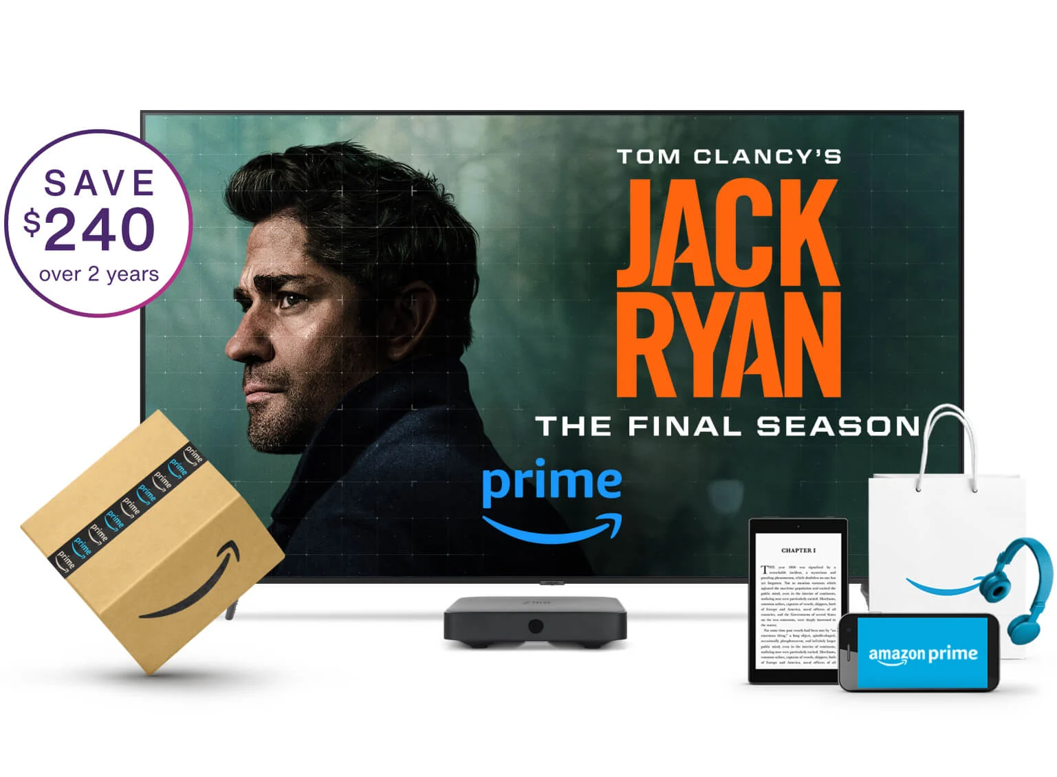 A TV displays an Amazon Original hit series along with items showing off the many services you get with Amazon Prime membership and a TELUS TV Digital Box.