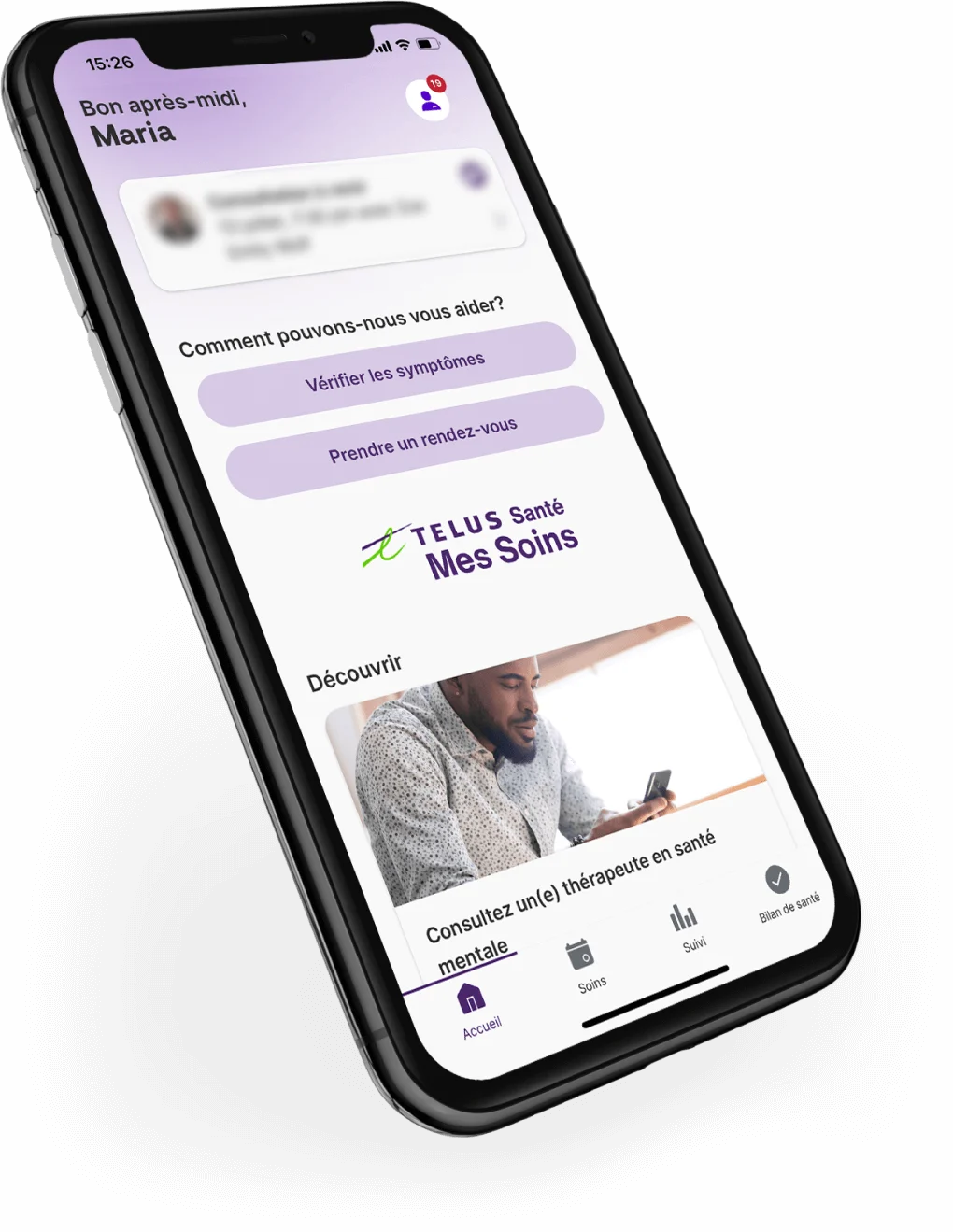 Téléphone intelligent montrant l’écran d’accueil de l’application Mes Soins TELUS Santé
