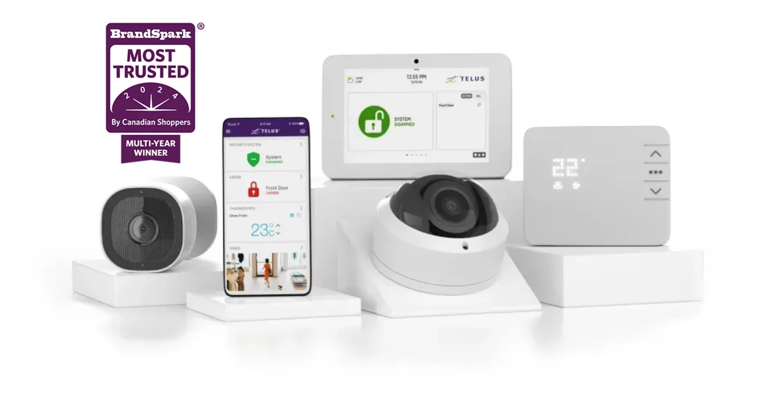 An image showing the BrandSpark Most Trusted 2024 by Canadian Shoppers Multi-Year Winner logo alongside an image of a variety of TELUS SmartHome Security devices.