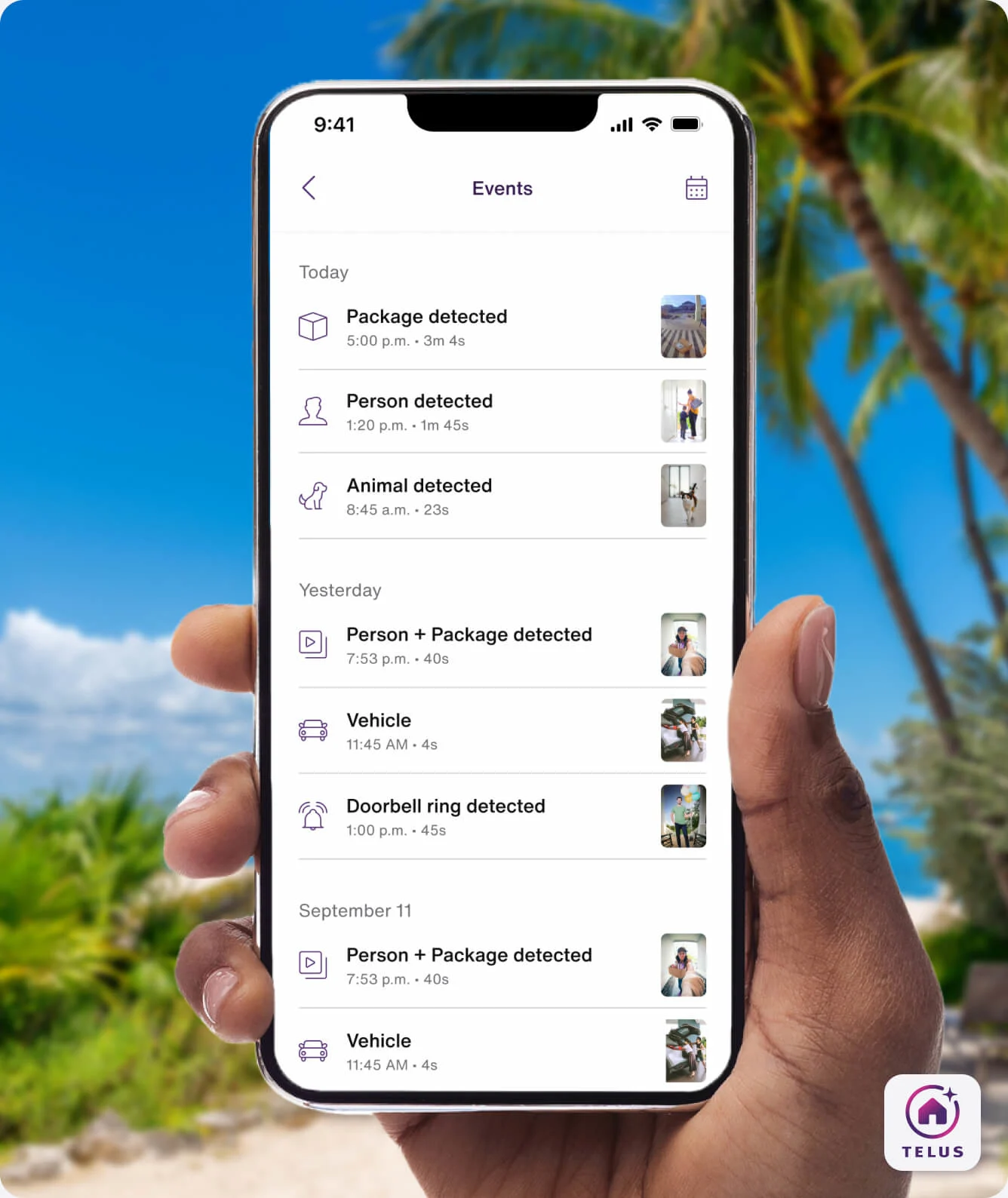 A hand holding the TELUS SmartHome+ app showing the various event notifications the TELUS Doorbell Camera has witnessed from packages, animals, vehicles and doorbell rings. 