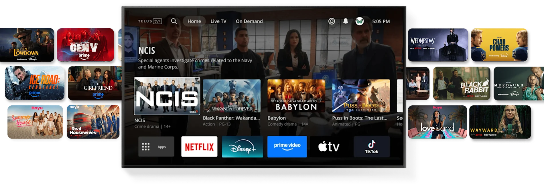 A TV screen over a background full of entertainment posters from popular shows and movied. TV screen includes logos for Netflix, Disney+, Prime, and Apple TV+